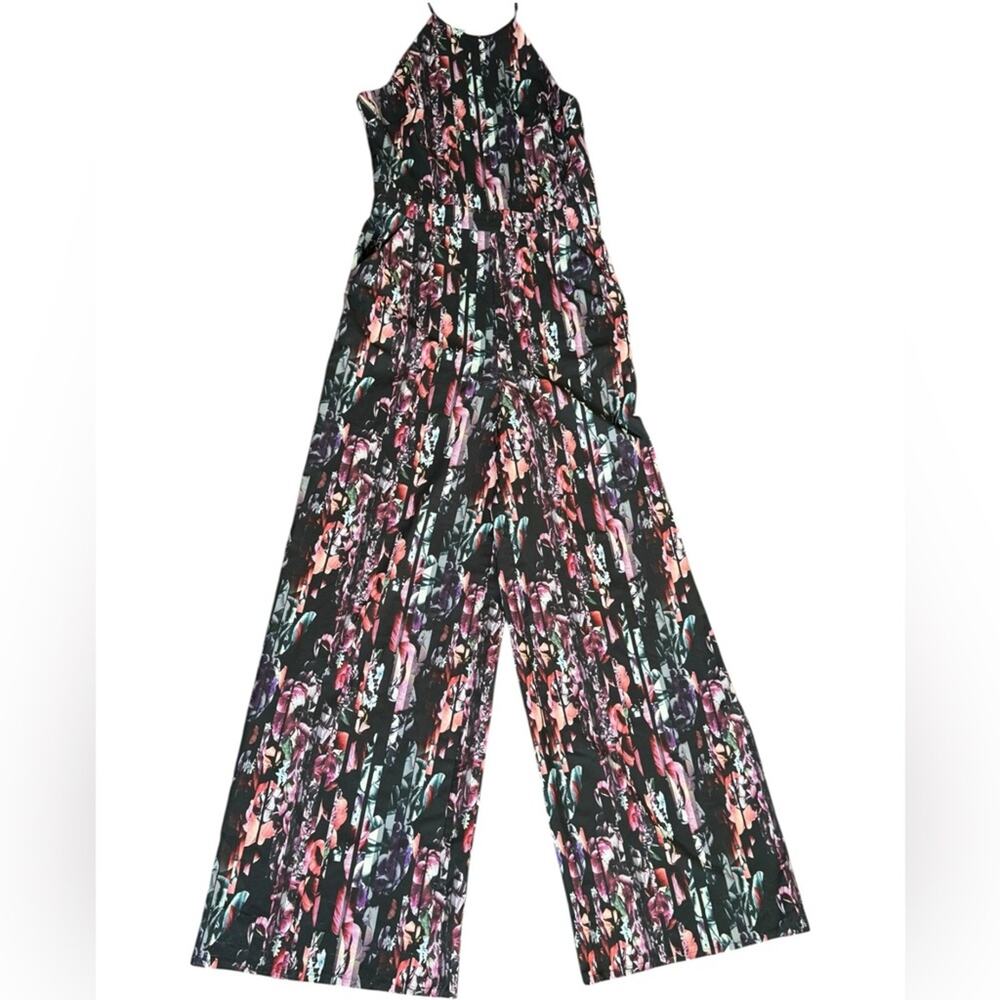 BEBE Black Floral Womans 10 Halter Wide Leg Jumpsuit In Multicolor